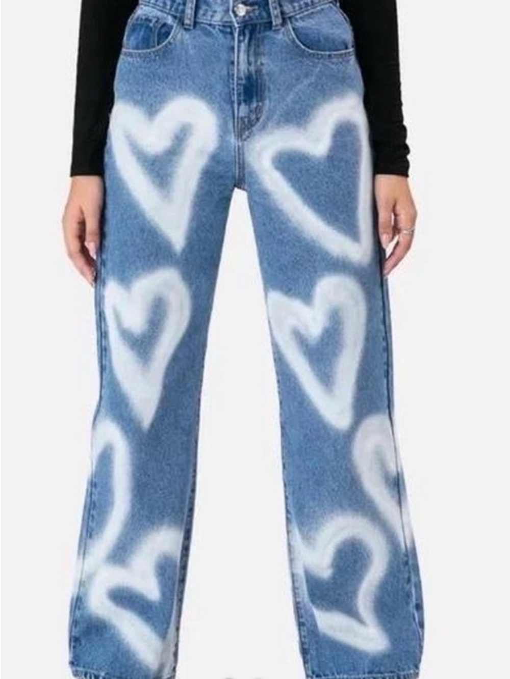 Adika Blue Denim Wide-Leg Jeans with White Heart Spray Print